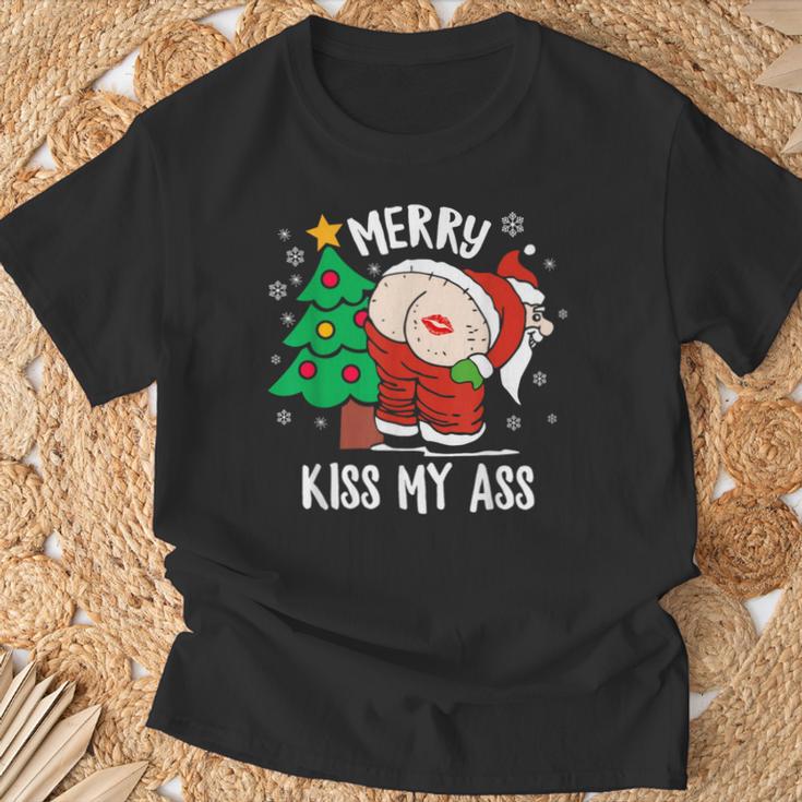 Merry Kiss My Ass Cadeau De Noël Amusant Père Noël T-Shirt Cadeaux pour les vieillards