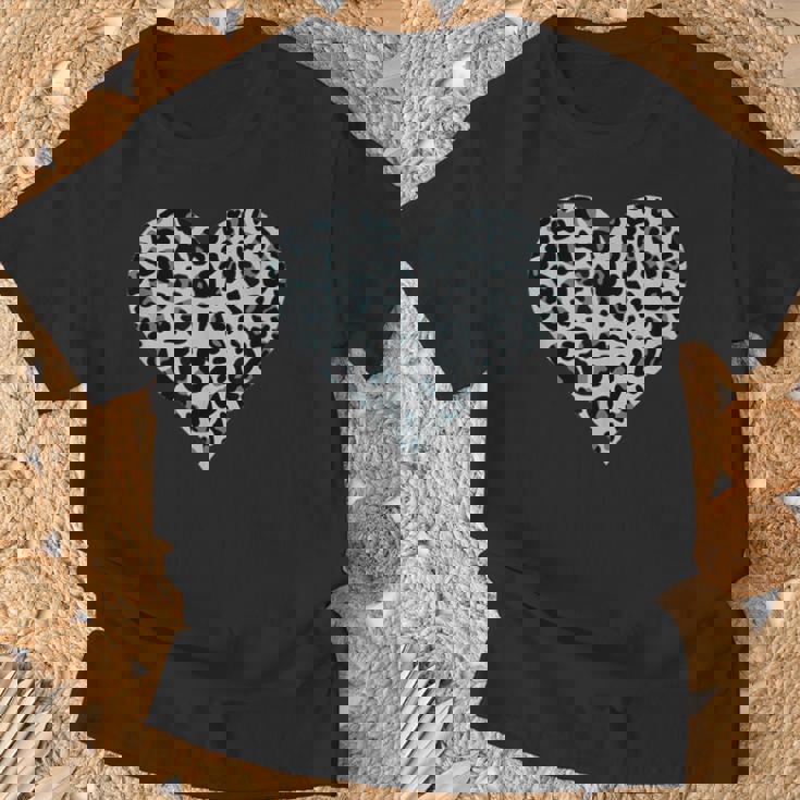 グレーとブラック ヒョウ柄 アニマルプリント ハート Tシャツ 高齢者への贈り物