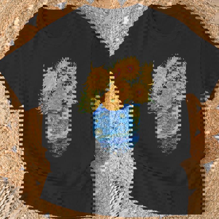 ゴッホ ひまわり&星月夜ポケット 美的アート Tシャツ 高齢者への贈り物