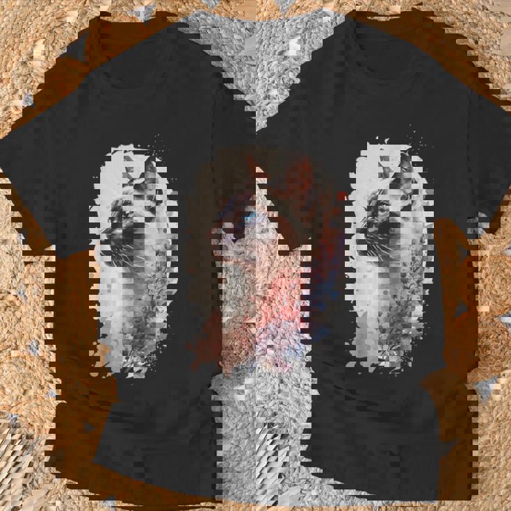 シャム猫 日本の桜 花柄 水彩 猫 Tシャツ 高齢者への贈り物