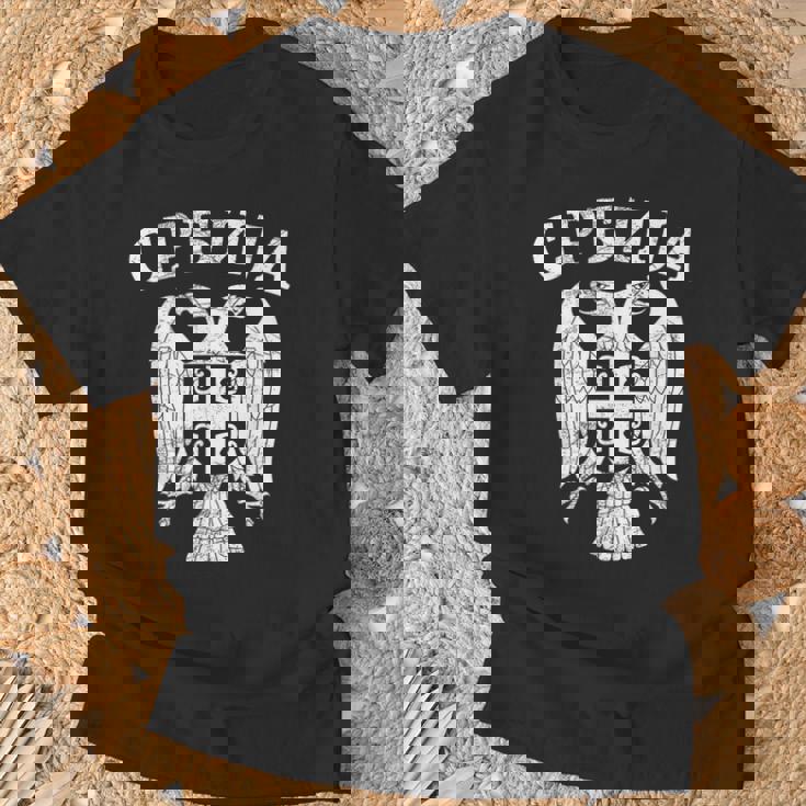 セルビア セルビア セルビア語 紋章 イーグル クロス 旗 キリル文字 Tシャツ 高齢者への贈り物