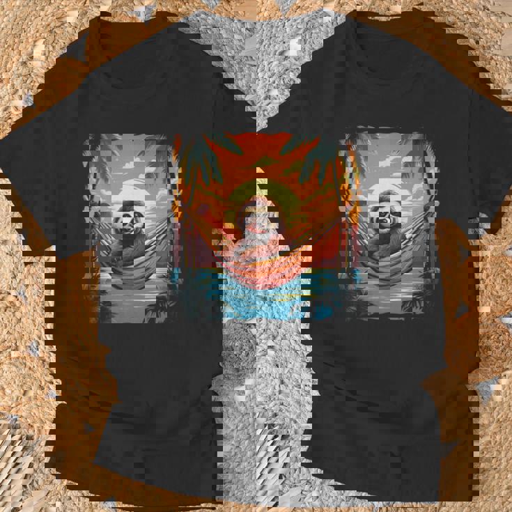 ナマケモノ ハンモック トロピカル サンセット リラクゼーション ヤシの木 平和 長袖tシャツ Tシャツ 高齢者への贈り物