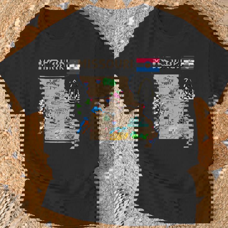 ミズーリ州のランドマーク、主要都市、道路、旗の地図 Tシャツ 高齢者への贈り物