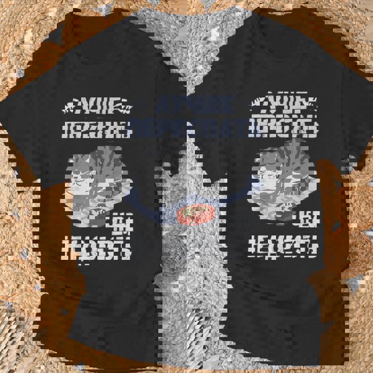 ロシア語の面白い猫のメッセージ「食べ足りないより寝過ぎの方がいい」 Tシャツ 高齢者への贈り物