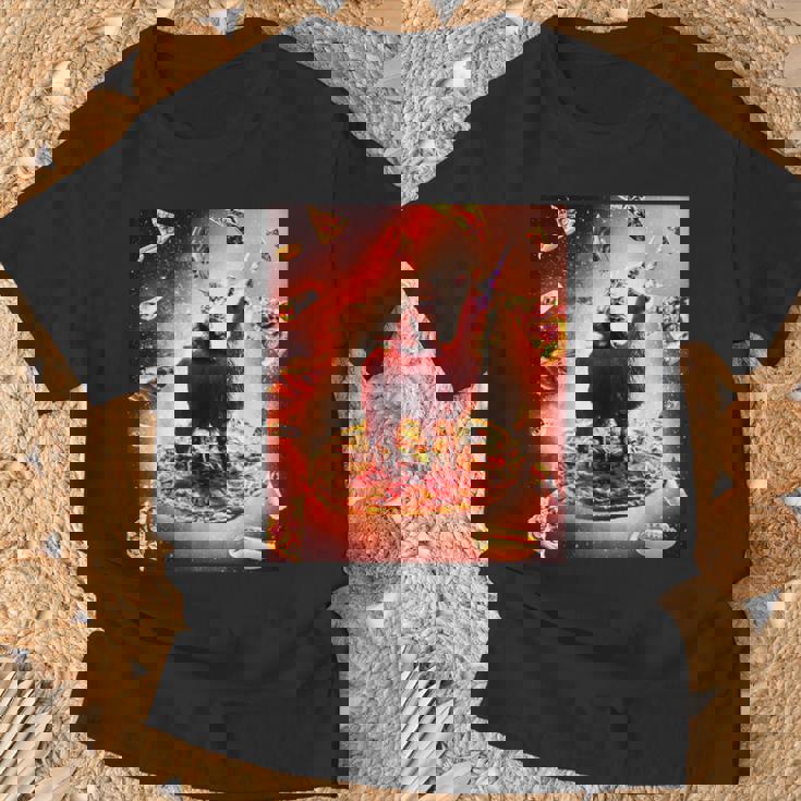 宇宙 猫 ライディング ラマ ユニコーン ピザ Tシャツ 高齢者への贈り物