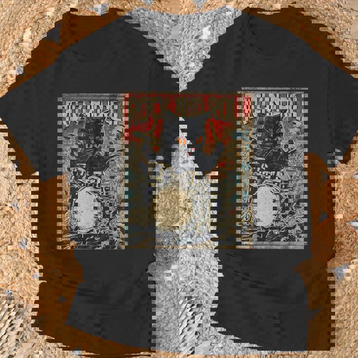 猫 演奏 ドラム ロック オン ヴィンテージ ロック ドラマー 猫 Tシャツ 高齢者への贈り物