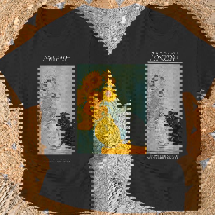 面白いゴッホ風変わりな猫とひまわりの花瓶パロディアート Tシャツ 高齢者への贈り物