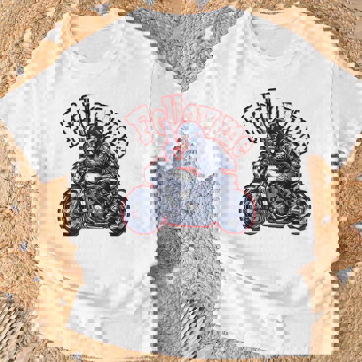 Followmeバイクに乗るゴリラのバックプリントデザイン Tシャツ 高齢者への贈り物