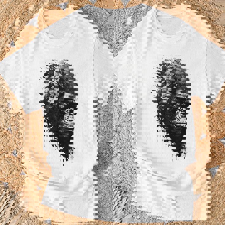 Gorilla Flowers モンキーアニマルプリントアート ゴリラ Tシャツ 高齢者への贈り物