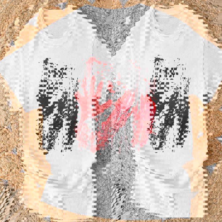 I'm Ok シャツ 血まみれ シャツ 手 血のはね 血 ステンド Tシャツ 高齢者への贈り物