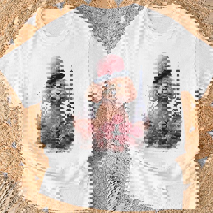 かわいい フランス パリ エッフェル塔 トイプードル パリジャンプードル 長袖tシャツ Tシャツ 高齢者への贈り物