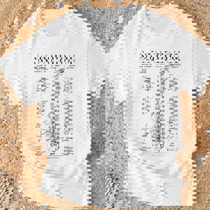 サックス オールド ヴィンテージ 特許 図面 プリント Tシャツ 高齢者への贈り物