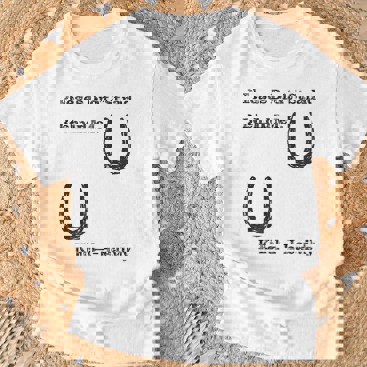 後蹴りに注意 蹄鉄 馬好き 馬術部 キッズ 大人 親子ペア バックプリント Tシャツ 高齢者への贈り物