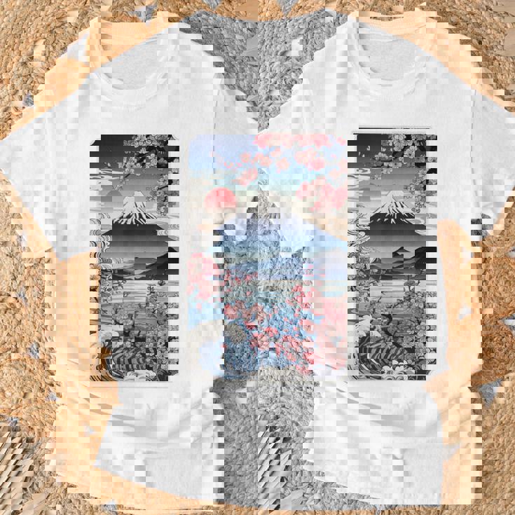 日本の桜庭 芸者 富士山 桜 木 Tシャツ 高齢者への贈り物