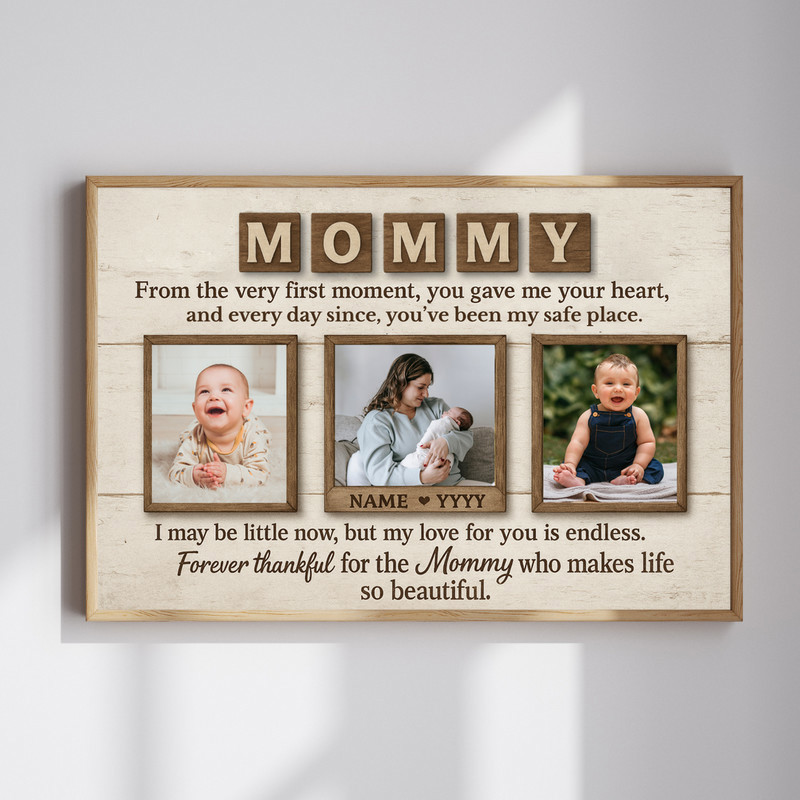 Personalized photo collage canvas wall art for first-time mom, custom names and date, baby photos, minimalist design | Familywalldecor