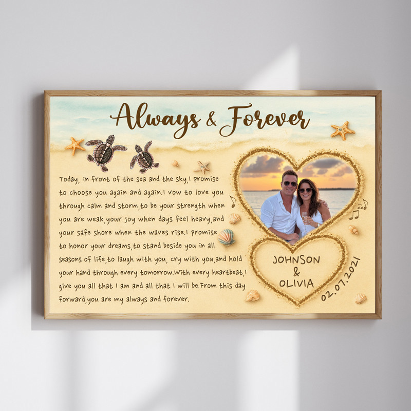 Always & Forever beach wedding canvas wall art, personalized couple photo with names and date, perfect for newlyweds | Familywalldecor