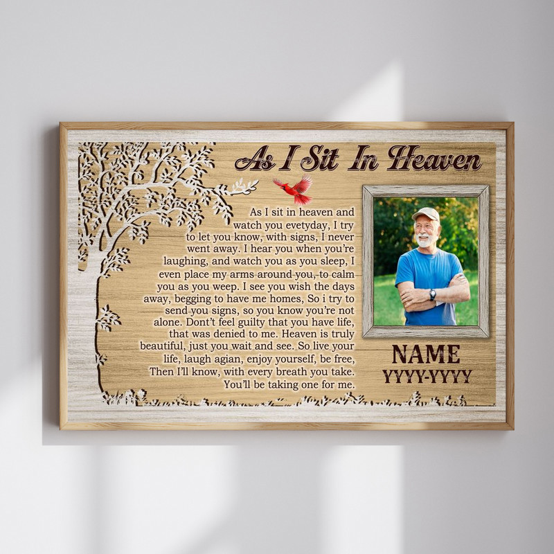 As I Sit In Heaven poem canvas wall art with personalized photo, name and years, portrait on soft clouds, memorial decor