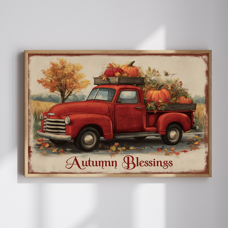 autumn blessings red truck country road canvas wall art, rustic fall entryway decor with pumpkins and foliage, landscape | Familywalldecor