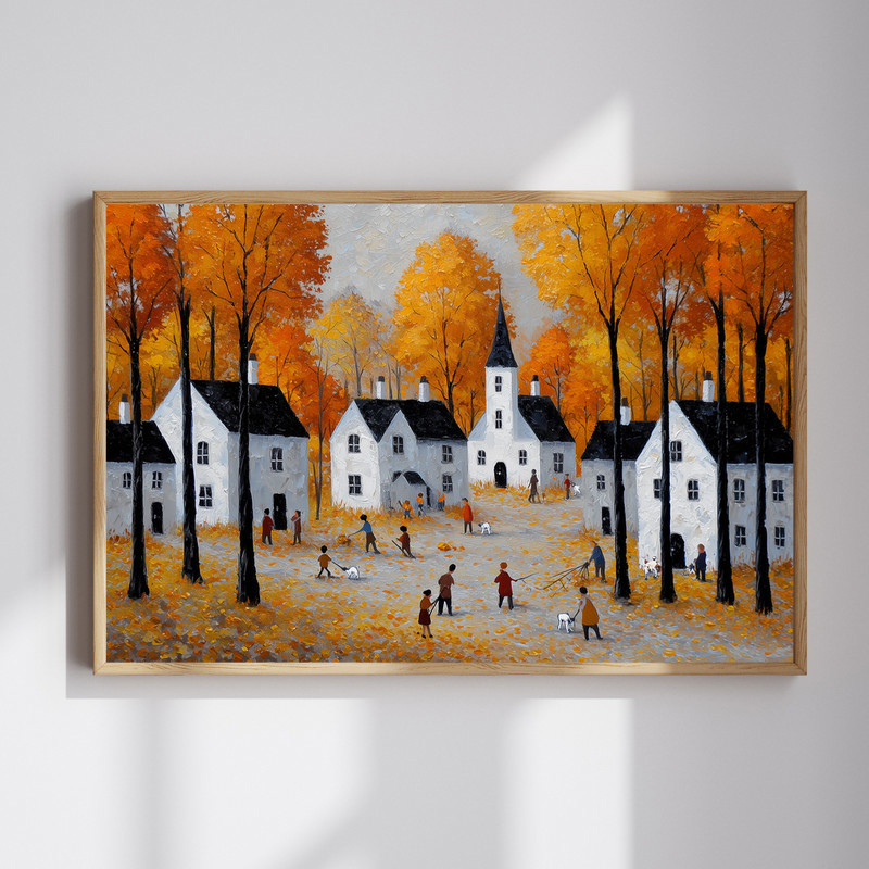 Autumn village harvest canvas wall art for Thanksgiving entryways, pumpkins and fall trees around cozy cottages, landscape | Familywalldecor