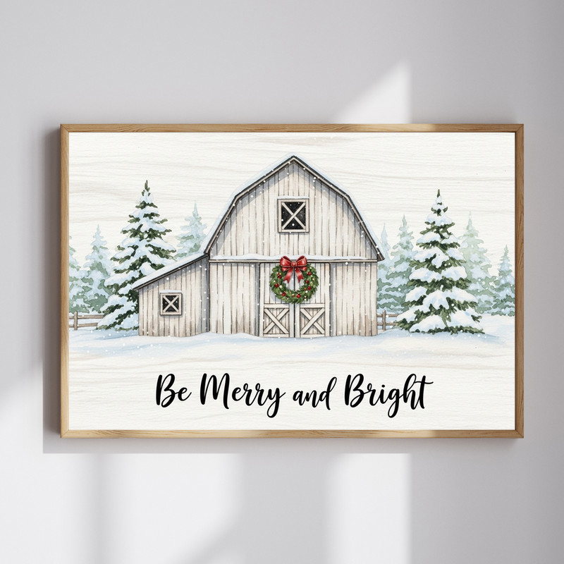 Christmas farmhouse canvas wall art featuring Be Merry and Bright in rustic script on white shiplap, ideal for entryway decor | Familywalldecor