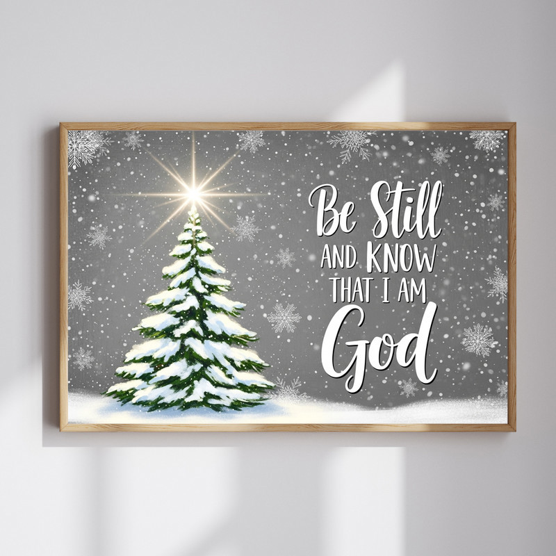 Be Still and Know That I Am God Christmas canvas wall art, vertical entryway decor with elegant script typography in neutrals | Familywalldecor