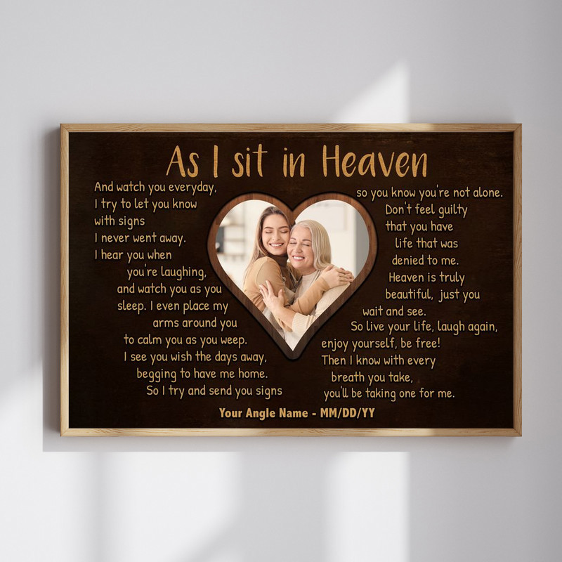 Bereavement memorial photo frame canvas wall art with As I Sit In Heaven poem, personalized photo, name, and dates | Familywalldecor