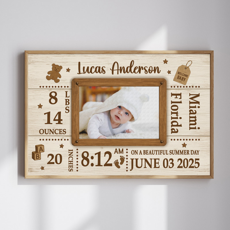 Birth announcement canvas wall art with rustic frame style, personalized baby photo and birth stats for farmhouse nursery | Familywalldecor
