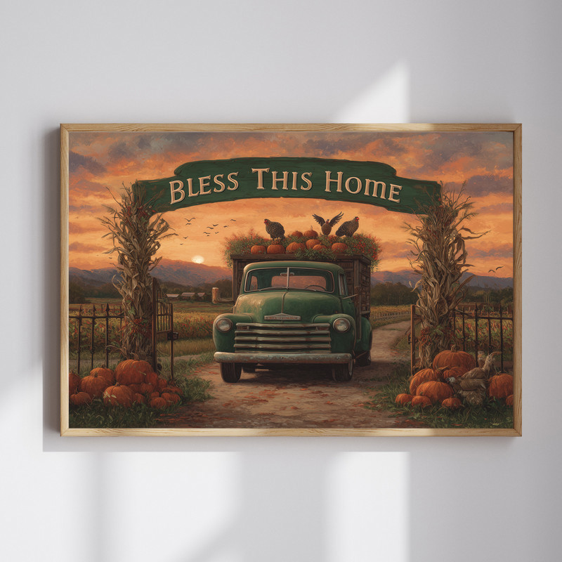 Bless This Home green truck farmhouse gate canvas wall art for entryway decor, rustic farmhouse style with scripted text | Familywalldecor