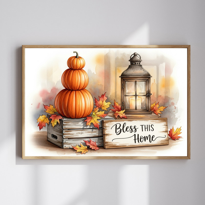 Thanksgiving canvas wall art with 'Bless This Home' script, pumpkin and lantern in rustic farmhouse style, autumn tones. | Familywalldecor
