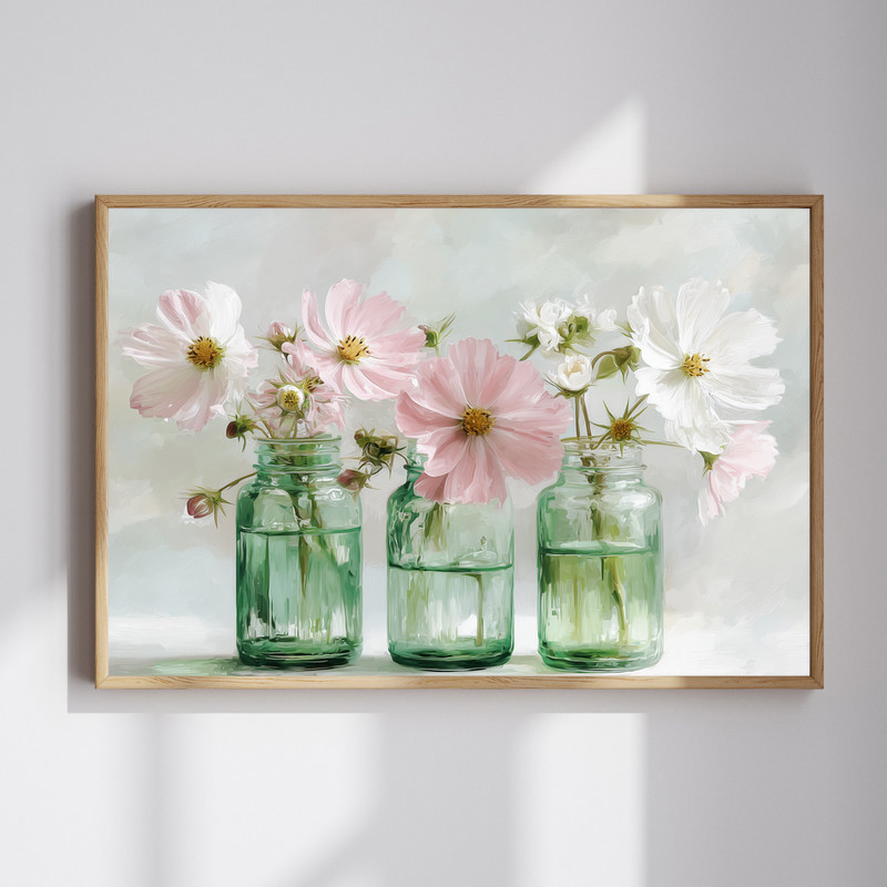 Blush and white cosmos watercolor canvas wall art with a green glass vase, botanical floral print for living room decor. | Family Wall Decor