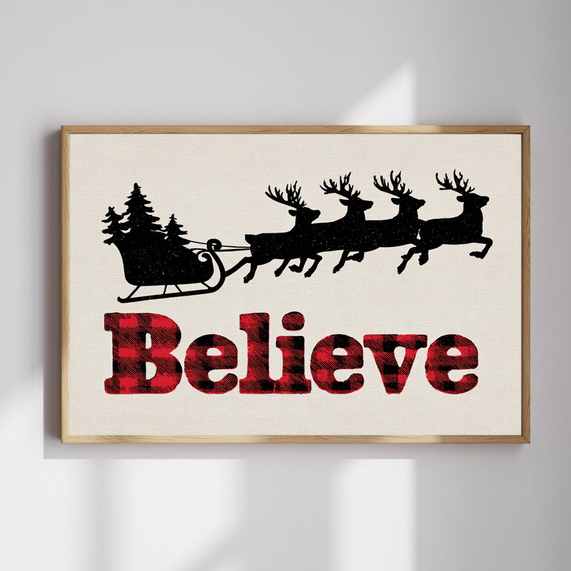 Buffalo plaid Santa sleigh Christmas canvas wall art with Believe script, rustic farmhouse, red and black for hallway | Familywalldecor