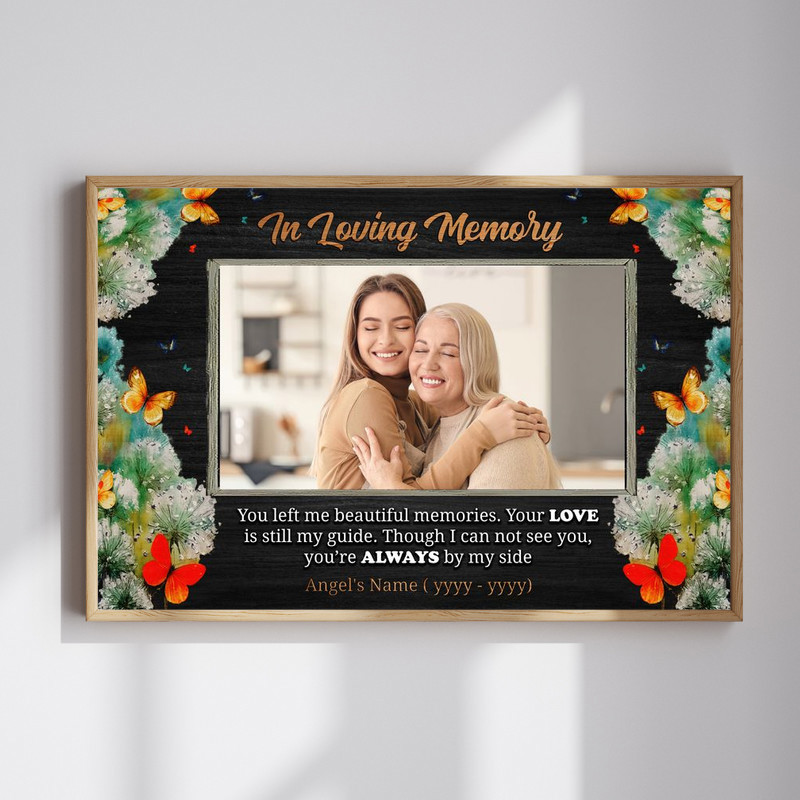 Butterfly memorial custom canvas wall art with photo frame, personalized with name and dates, In Loving Memory tribute decor | Familywalldecor