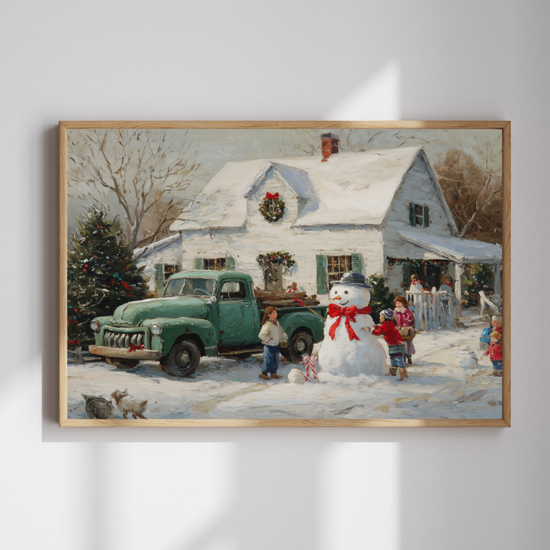 Snowy village scene with green truck Christmas canvas wall art, farmhouse style with glowing windows and pines for entryway | Familywalldecor