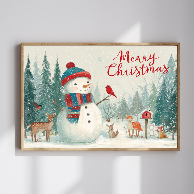 Cheerful snowman in forest canvas wall art with snowy pines and scarf, portrait orientation, cozy hallway winter decor | Familywalldecor