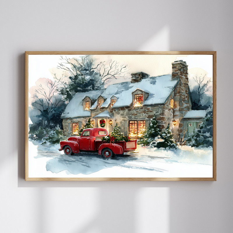 Christmas barn with red truck canvas wall art for festive entryway decor, rustic farmhouse snowy scene with pine trees. | Familywalldecor