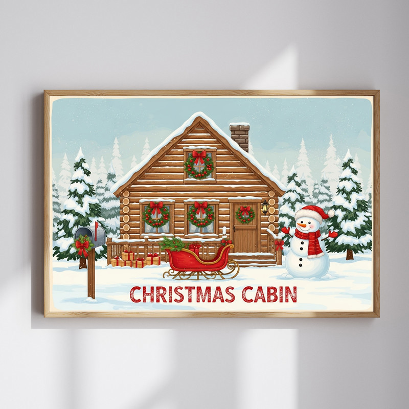 Christmas cabin canvas wall art of a snowy log cabin and pines, warm window glow, perfect for cozy hallway decor | Familywalldecor