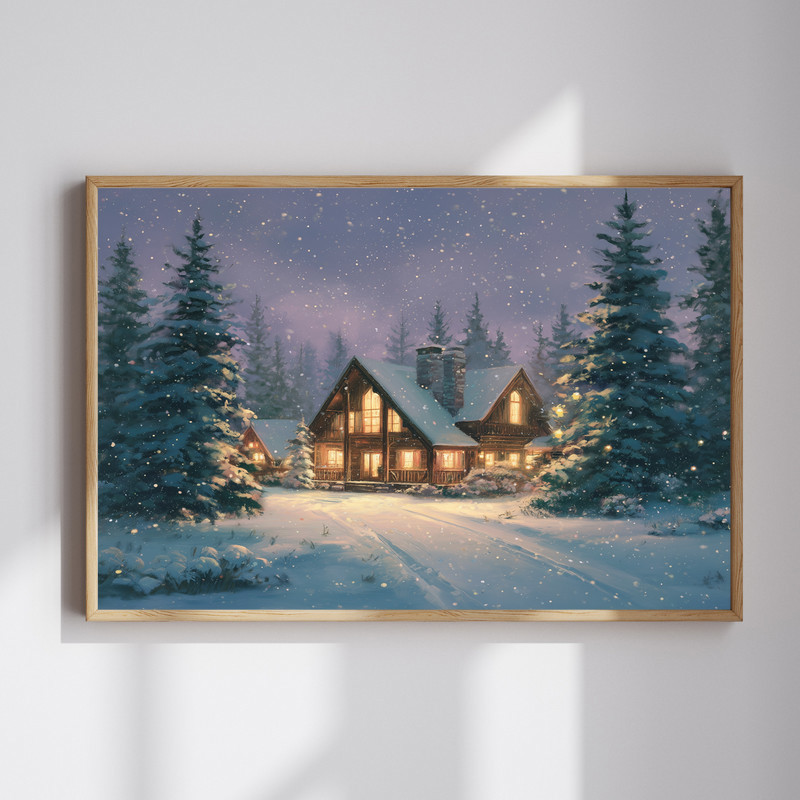 Christmas cabin winter wonderland canvas wall art with glowing log cabin and snowy pines, horizontal landscape for hallway | Familywalldecor