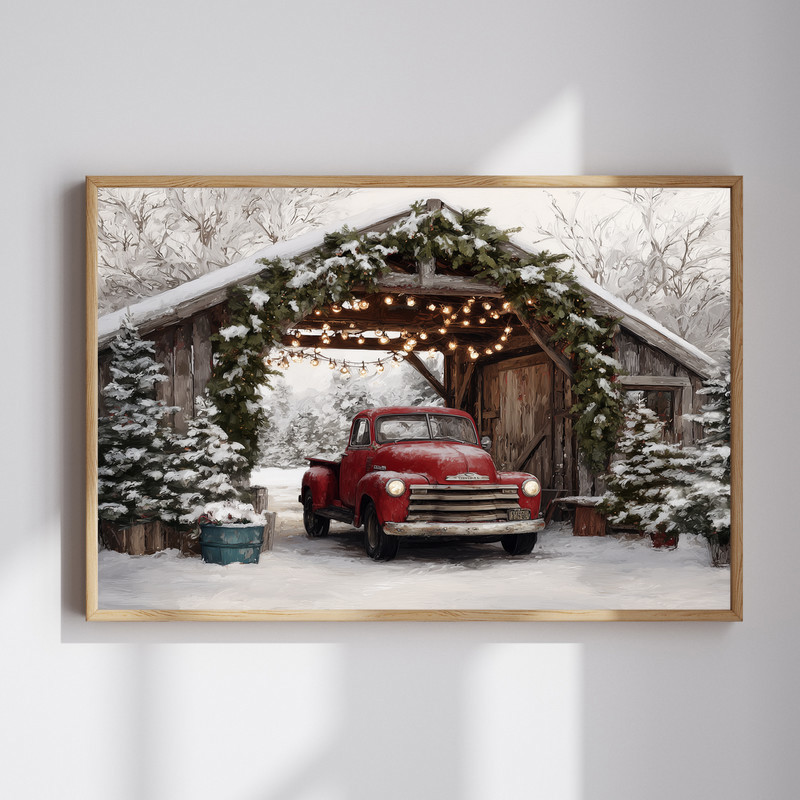 Christmas Cottage Charm With Red Vintage Car Canvas Wall Art For Entryway Canvas Wall Art | Familywalldecor