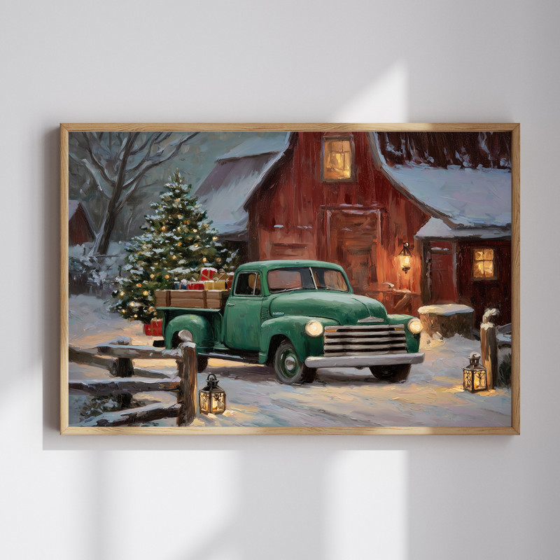 Christmas farmhouse green truck canvas wall art for festive entryway decor, vintage pickup carrying tree in snowy countryside | Familywalldecor
