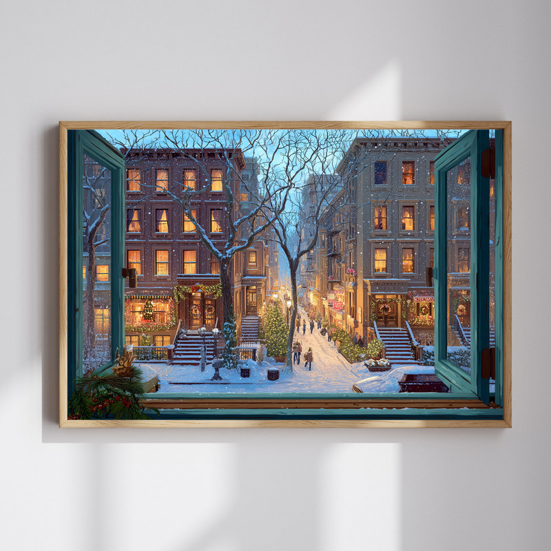 Christmas in New York through the window canvas wall art with Manhattan skyline, snowfall, and warm lights for hallway decor | Familywalldecor