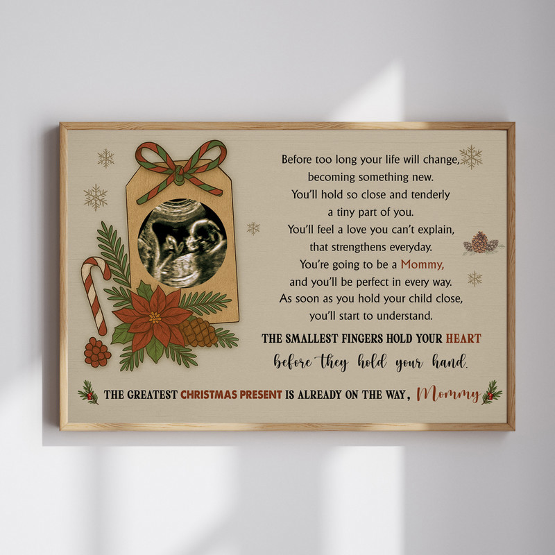 Christmas pregnancy announcement canvas wall art with personalized ultrasound photo, custom names and date, festive wreath | Family Wall Decor