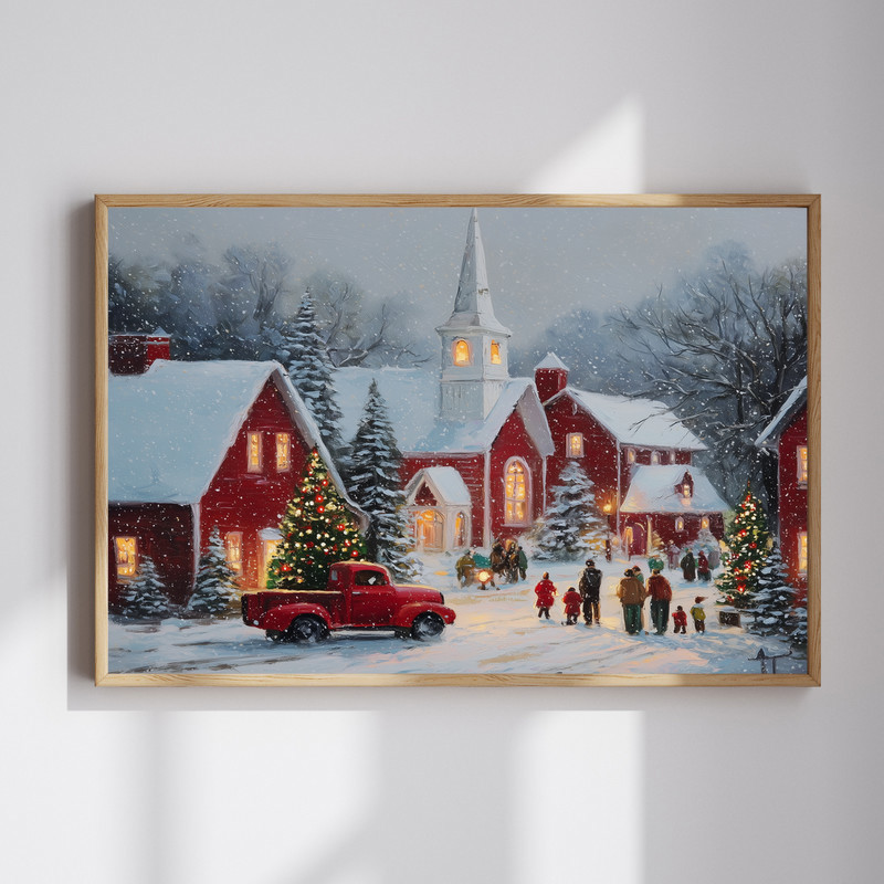 Christmas red truck homecoming canvas wall art for hallway, vintage pickup on snowy road to farmhouse, cozy rustic style | Familywalldecor