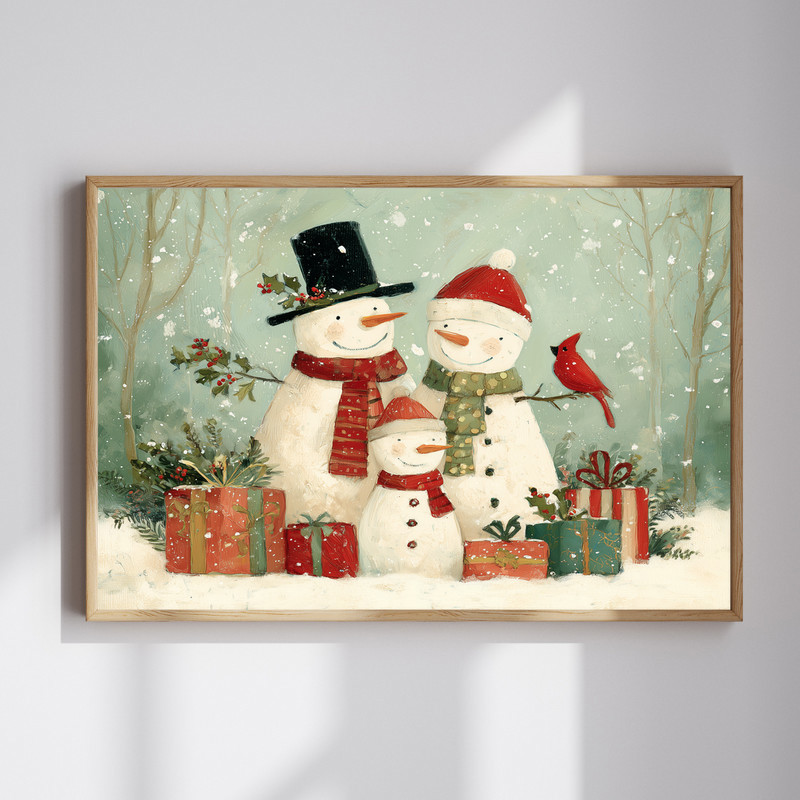 Christmas snowman family in forest canvas wall art, snowy pines and gentle snowfall, horizontal piece for festive hallway decor | Familywalldecor