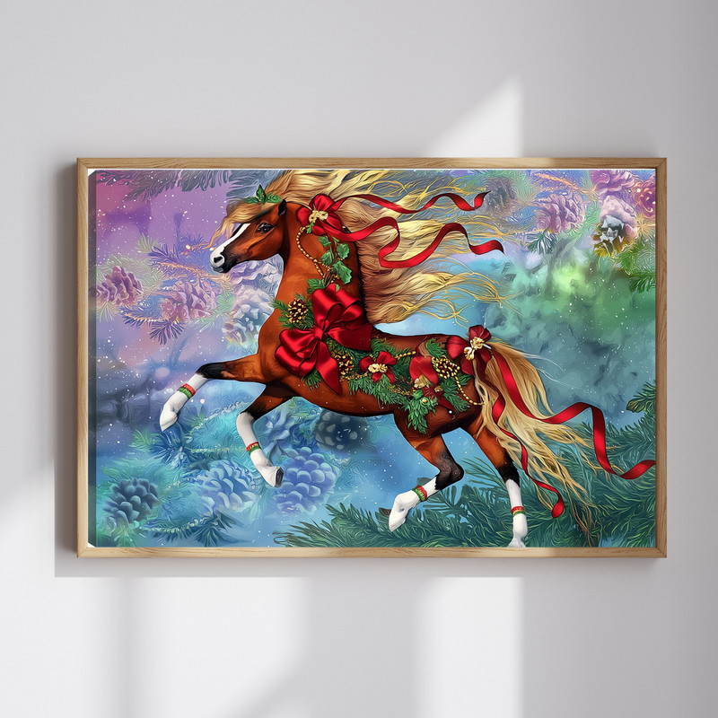 Christmas Spirit Horse canvas wall art, leaping with holiday garland and ribbons; festive entryway décor accent for winter | Family Wall Decor