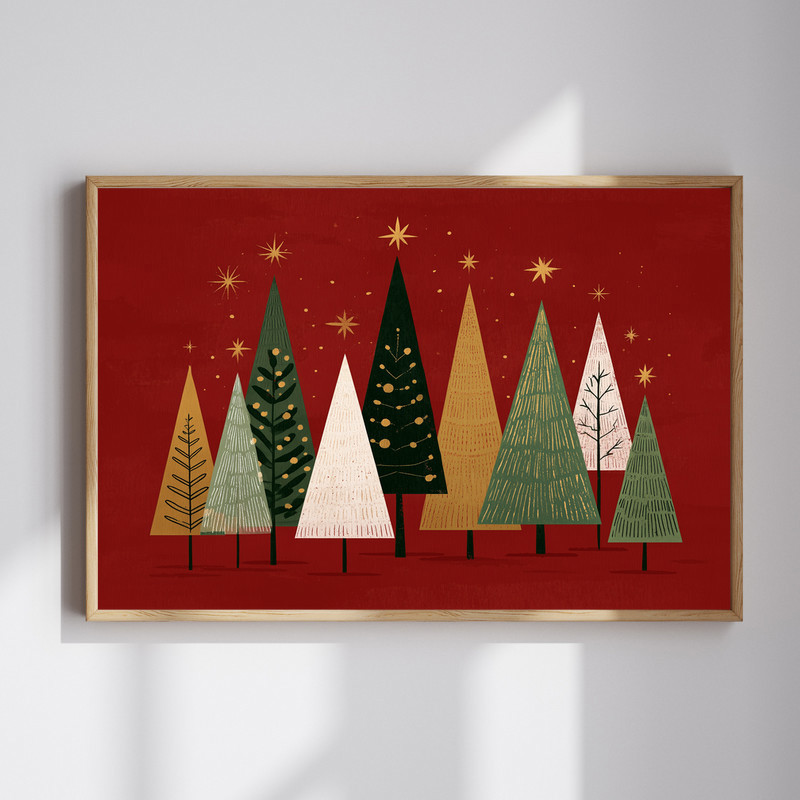 Christmas tree-shaped canvas wall art for festive hallway decor, minimalist evergreen on ivory background, portrait | Familywalldecor