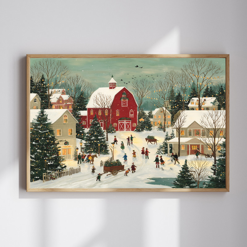 Christmas village Joy entryway canvas wall art featuring snowy cottages and warm lights, horizontal, classic red and green palette | Familywalldecor