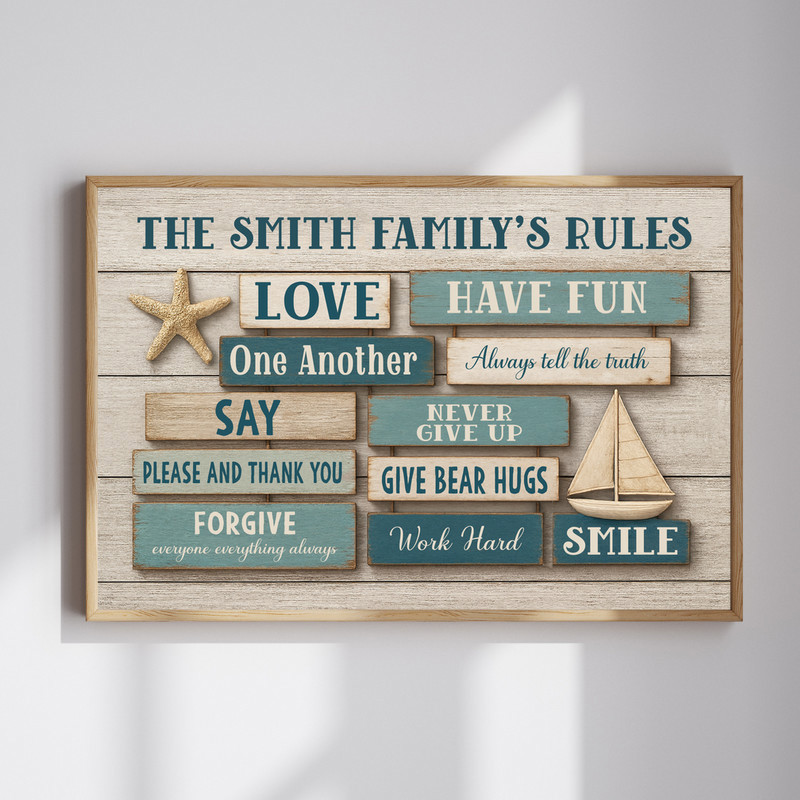 Coastal nautical family rules canvas wall art for beach house decor, typographic sign in ocean tones and coastal style. | Family Wall Decor