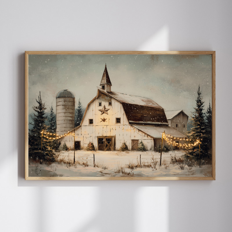 Country Christmas barn canvas wall art, snowy red barn with wreath and evergreens, farmhouse entryway decor, horizontal | Familywalldecor