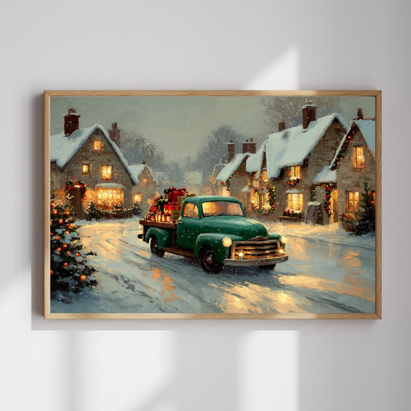 Countryside farmhouse with green truck canvas wall art, rustic rural scene for entryway decor to welcome guests with charm | Familywalldecor