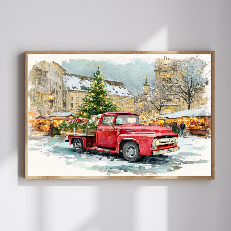Cozy farmhouse porch canvas wall art with red truck and lantern, holiday entryway decor in rustic country style | Familywalldecor